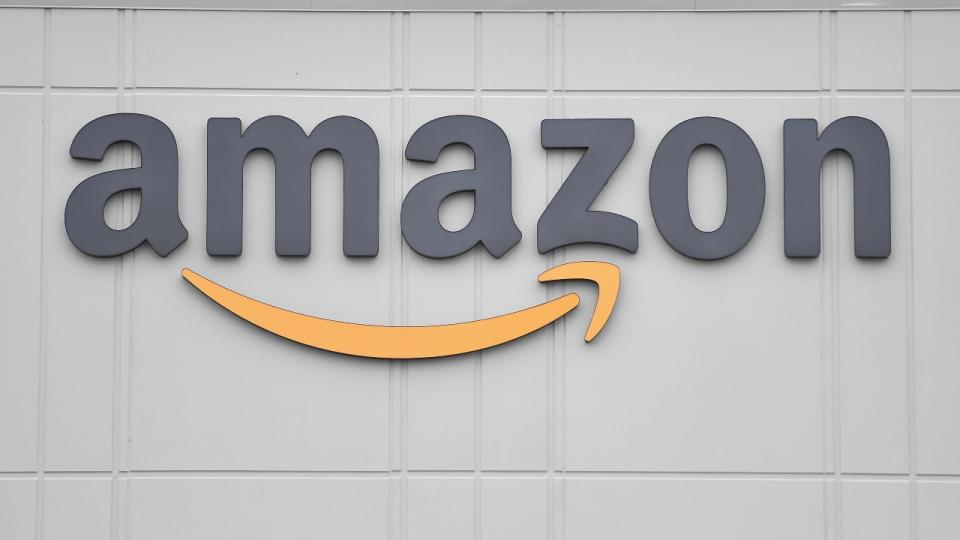 The logo of the U.S. online retail giant Amazon on a New York distribution center