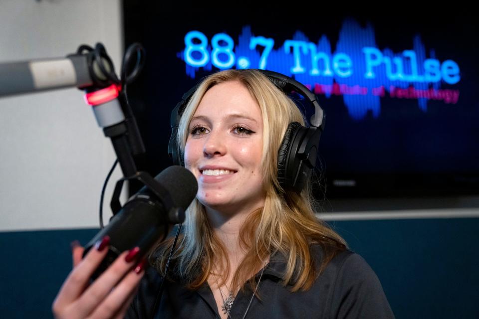 East Valley Institute of Technology student, Eden Selman, 17, co-hosts a radio show on The Pulse (88.7 FM), a radio station at the school on Nov. 30, 2023.