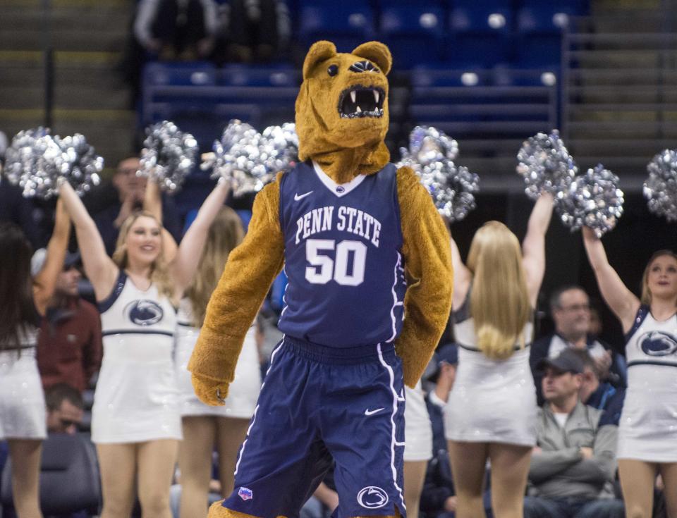 Feb 7, 2018; University Park, PA, USA; Penn State Nittany Lions mascot and cheerleaders dance on the court during a stoppage in play against the Maryland Terrapins at Bryce Jordan Center. Credit: Eric Firestine-USA TODAY Sports