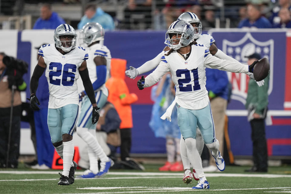 Dallas Cowboys' Stephon Gilmore (21) celebrates an interception during the first half of an NFL football game against the New York Giants, Sunday, Sept. 10, 2023, in East Rutherford, N.J. (AP Photo/Bryan Woolston)