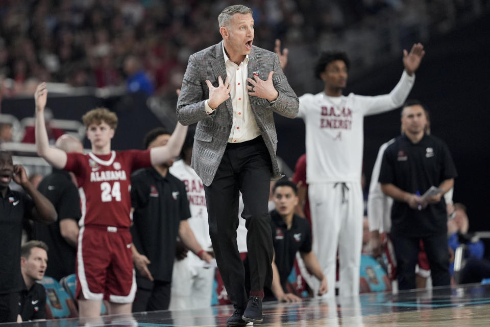 Alabama head coach Nate Oats reacts during the first half of the NCAA college basketball game against UConn at the Final Four, Saturday, April 6, 2024, in Glendale, Ariz. (AP Photo/David J. Phillip)