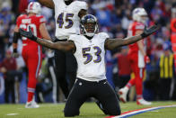 Baltimore Ravens defensive end Jihad Ward (53) celebrates on the field during the second half of an NFL football game against the Buffalo Bills in Orchard Park, N.Y., Sunday, Dec. 8, 2019. The Ravens won 24-17. (AP Photo/John Munson)