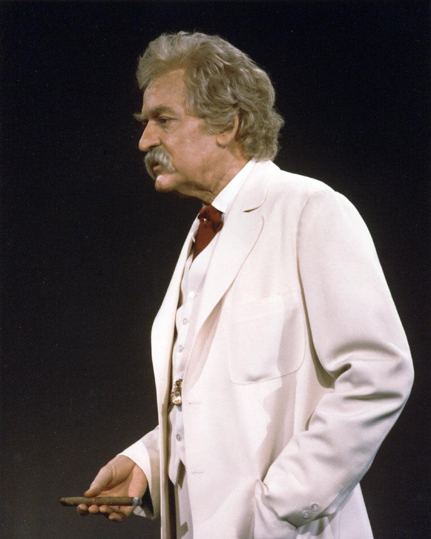 This image provided by Hal Holbrook shows Holbrook performing his one-man show "Mark Twain Tonight." Holbrook is in the midst of a marathon of theater. 2014 marks the 60th consecutive year of his one-man show relating the satire and social commentary that he began delivering during the civil rights era to audiences today. Ahead of the 89-year-old actor’s stop at the National Theatre in Washington, Holbrook explains why Twain remains relevant as Holbrook adds material on the Bible, the labor movement and a section of “Huckleberry Finn.” (AP Photo/Courtesy of Hal Holbrook)