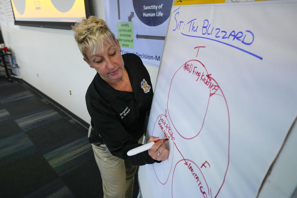 Baltimore Police Department Sgt. Amy Strand leads a professional development class with members of the police department, Thursday, Sept. 28, 2023, in Baltimore. As law enforcement agencies across the country pursue reform measures, the Baltimore Police Department is requiring its members to complete a program on emotional regulation that teaches them the basics of brain science by examining the relationship between thoughts, feelings and actions. (AP Photo/Julio Cortez)