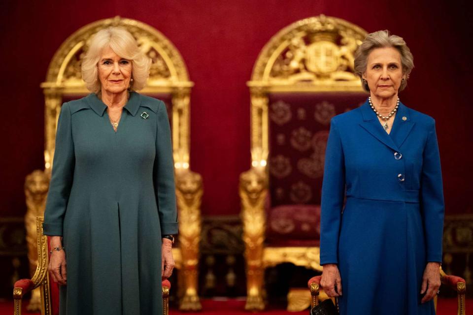 <p> Aaron Chown-WPA Pool/Getty</p> Queen Camilla and Birgitte, Duchess of Gloucester, during an event to present the Queen