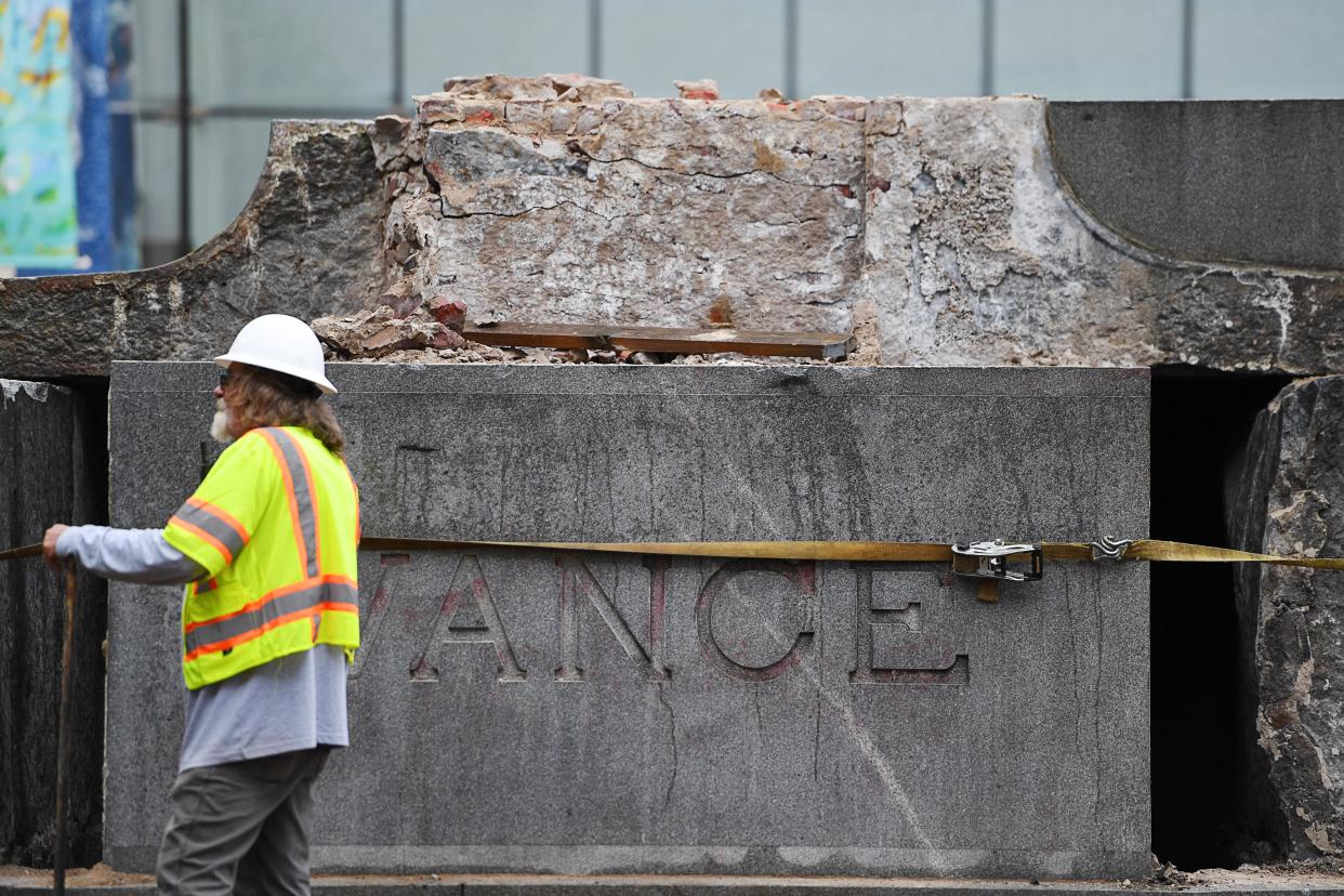 The removal of the base of Vance Monument began May 14, 2024.