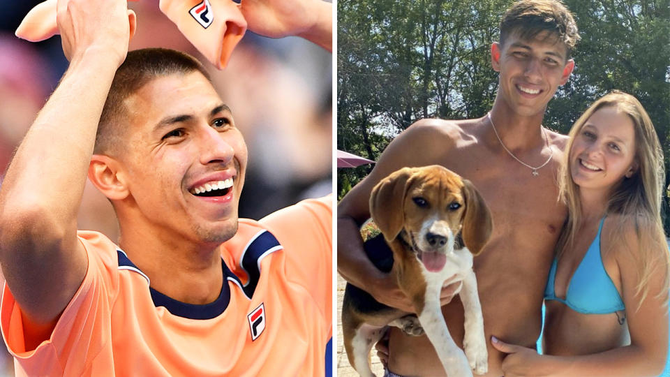 Alexei Popyrin celebrates at the Australian Open on the left, and poses with girlfriend Amy Pederick on the right.