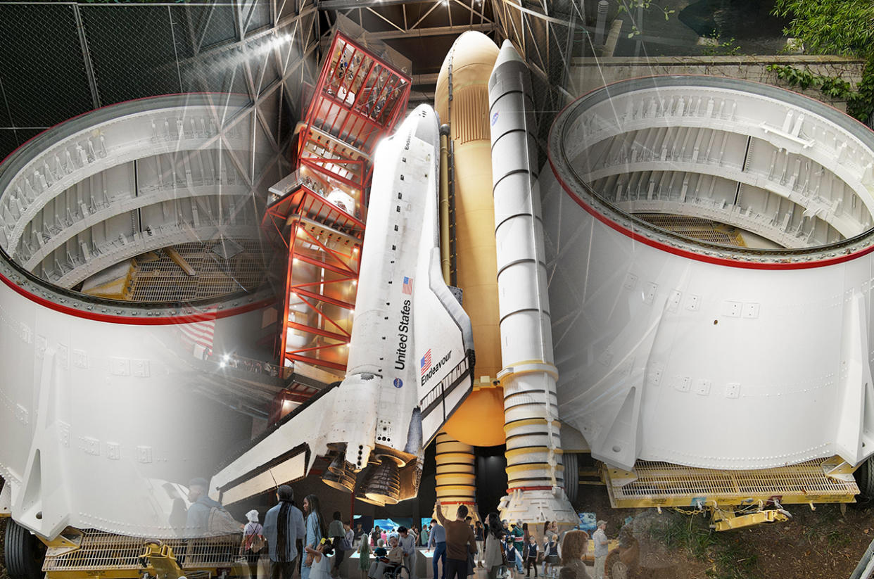  The California Science Center's long-awaited stacking of the space shuttle Endeavour will begin with the solid rocket booster's aft skirts in the construction site for the Samuel Oschin Air and Space Center in Los Angeles on July 20, 2023. 