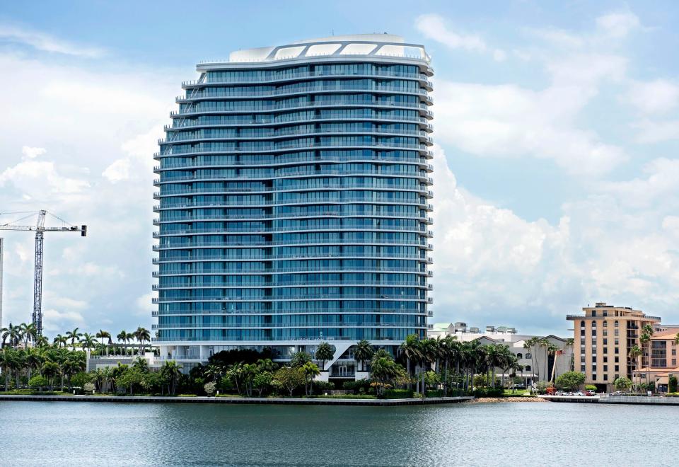 Viewed from Palm Beach, The Bristol ultra-luxury condominium tower rises above the South Flagler Drive waterfront.