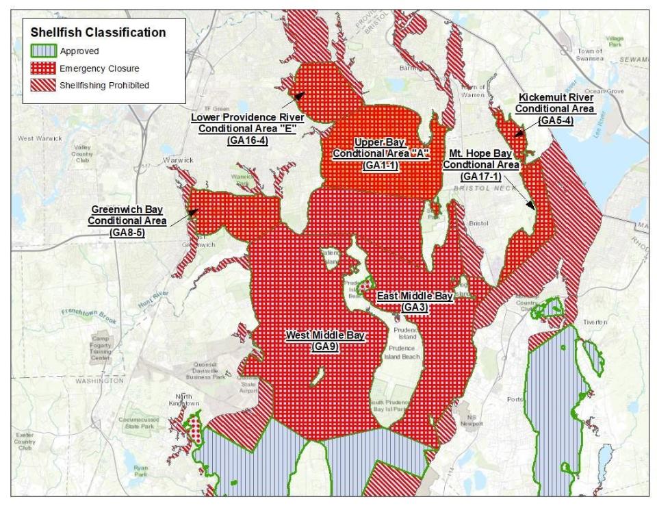 This map indicates areas closed to shellfishing due to heavy rain Monday and Tuesday.