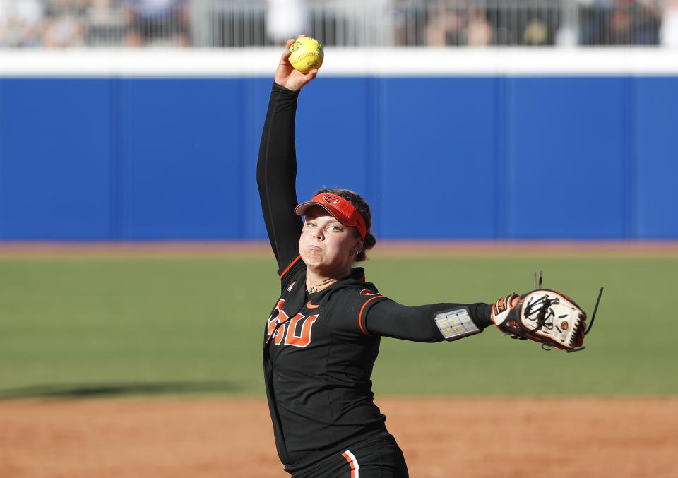 Oregon State's Sarah Haendiges pitches in the first inning of the team's NCAA softball Women's College World Series game against Florida on Thursday, June 2, 2022, in Oklahoma City. (AP Photo/Alonzo Adams)