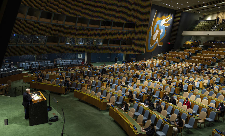 Palestinian President Mahmoud Abbas addresses the 78th session of the United Nations General Assembly, Thursday, Sept. 21, 2023. (AP Photo/Craig Ruttle)