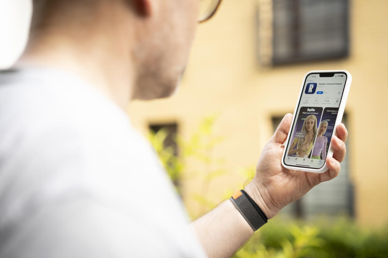 This illustration photo shows a user interacting with a smartphone app to customize an avatar for a personal artificial intelligence chatbot, known as a Replika in Warsaw, Poland on 22 July, 2023. (Photo by Jaap Arriens/NurPhoto via Getty Images)