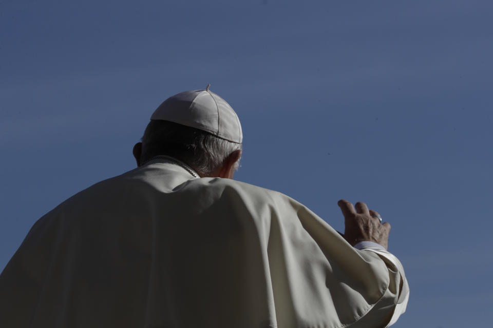 Pope Francis arrives in St. Peter's Square at the Vatican for his weekly general audience, Wednesday, Sept. 12, 2018. (AP Photo/Alessandra Tarantino)