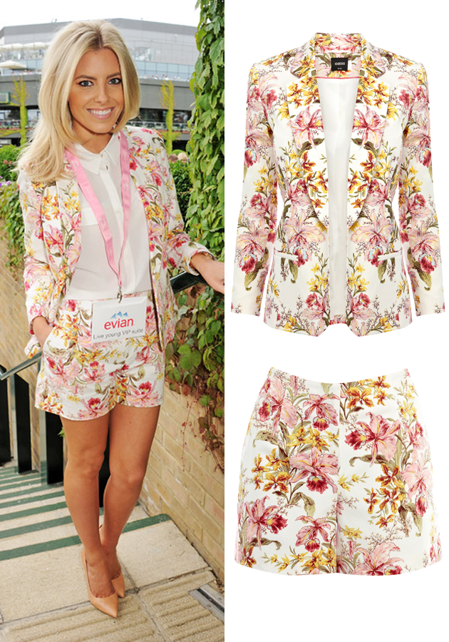 Mollie King, June 2013 Oasis Botanical Print suit [Getty/Handbag]