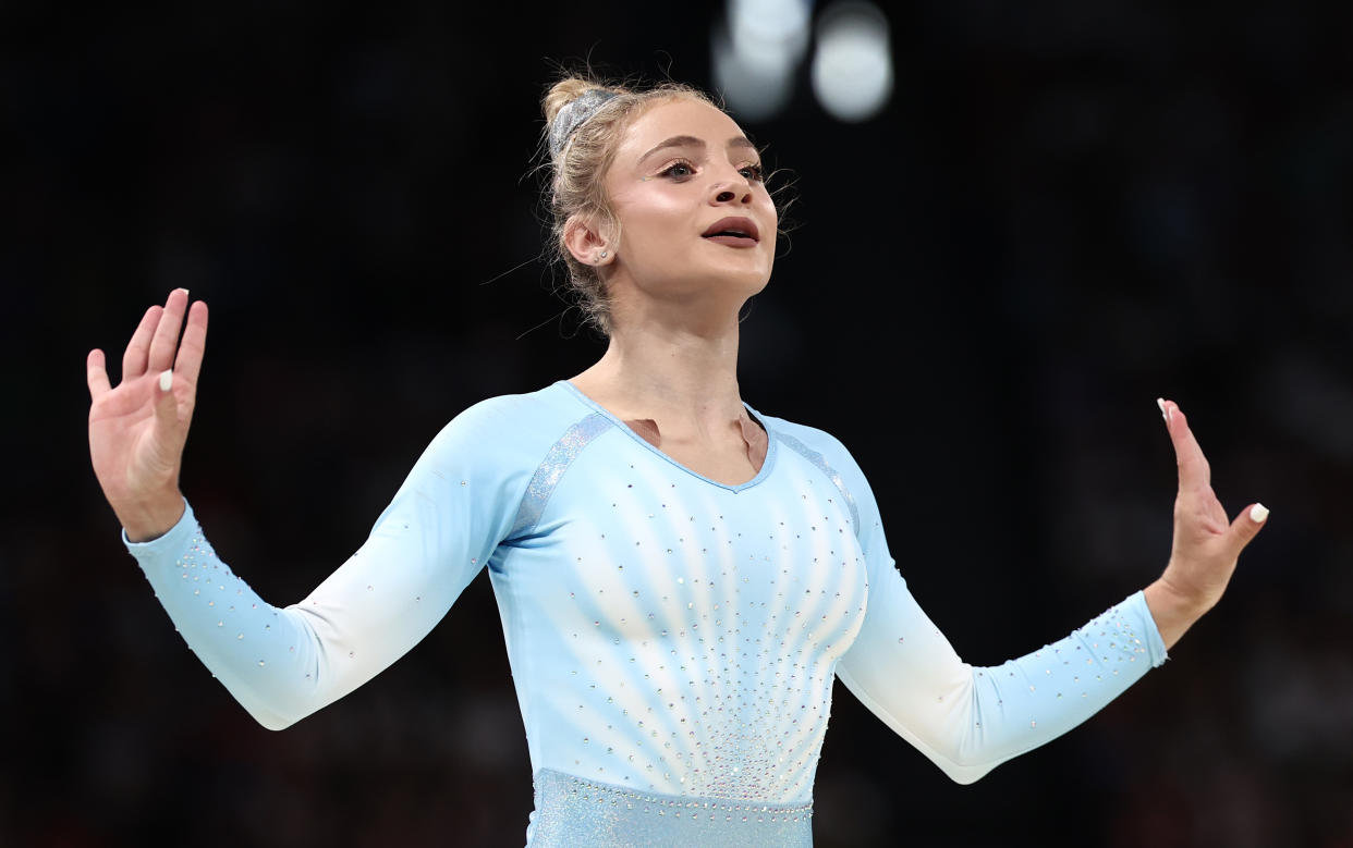 PARIS, FRANCE - AUGUST 05: Sabrina Maneca-Voinea of Team Romania competes during the Artistic Gymnastics Women's Balance Beam Final on day ten of the Olympic Games Paris 2024 at Bercy Arena on August 05, 2024 in Paris, France. (Photo by Naomi Baker/Getty Images)