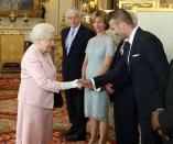 <p>Mr. Beckham first met the Queen in 2003 when he received an OBE. Over a decade later, in 2015, the soccer star opted for a black and white polka dot tie and suit to hang with her Majesty at Buckingham Palace for a reception of the Queen’s Young Leaders program. </p>