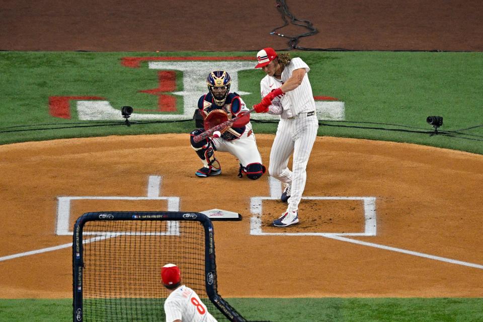 Alec Bohm of the Philadelphia Phillies bats in the MLB Home Run Derby, July 15, 2024, in Arlington, Texas.