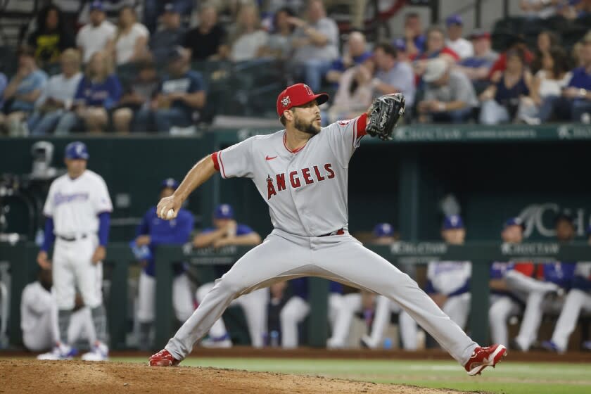 Los Angeles Angels relief pitcher Ryan Tepera pitches against the Texas Rangers.