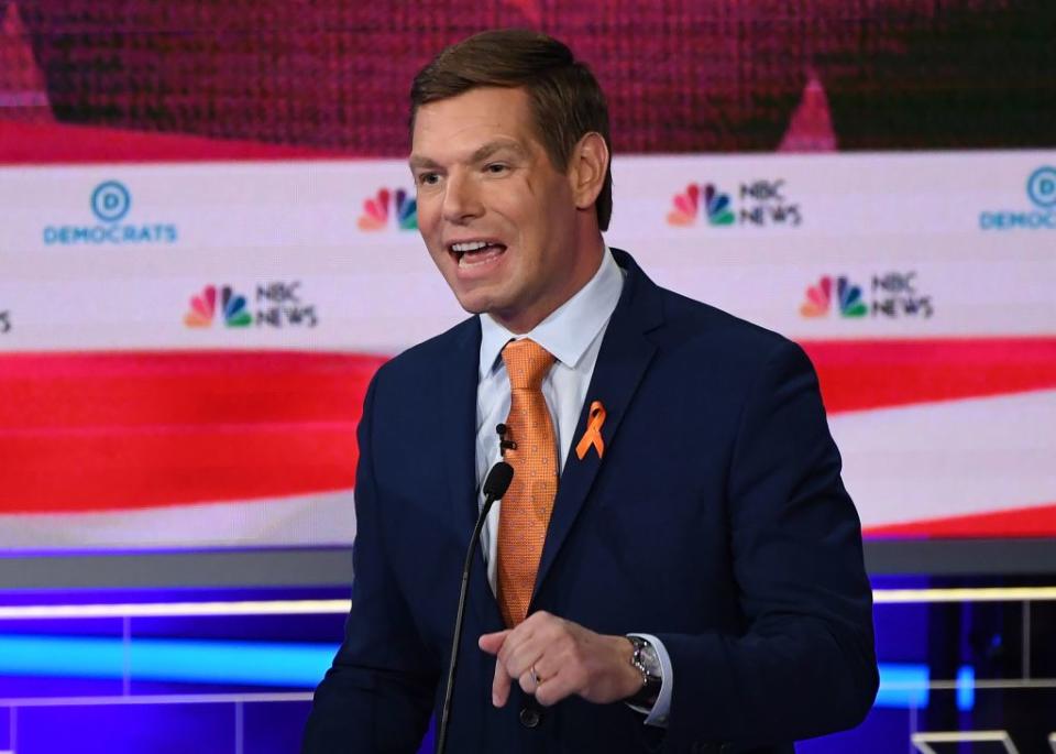 Democratic presidential hopeful former US Representative for California's 15th congressional district Eric Swalwell speaks during the second Democratic primary debate of the 2020 presidential campaign season hosted by NBC News at the Adrienne Arsht Center for the Performing Arts in Miami, Florida, June 27, 2019. | SAUL LOEB—AFP/Getty Images