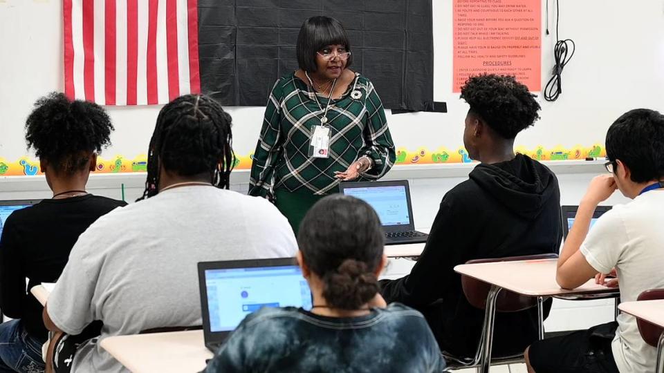 Linda Carnes has been a teacher in Manatee County for 50 years. She started teaching English to children at Sugg Middle School. Now she teaches freshmen at Palmetto High. She taught prepositions to her class on Wednesday, May 8, 2024.