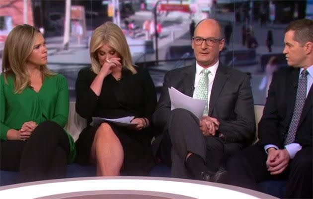 Sam Armytage can be seen wiping away a tear after hearing Kochie's story. Source: Channel Seven/Sunrise