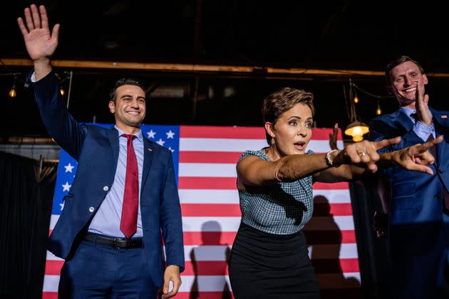 Arizona Republican attorney general candidate Abraham Hamadeh, gubernatorial candidate Kari Lake and senatorial candidate Blake Masters have all cast doubt on the 2020 election and the potential results of their own elections in 2022. (Photo: Brandon Bell via Getty Images)