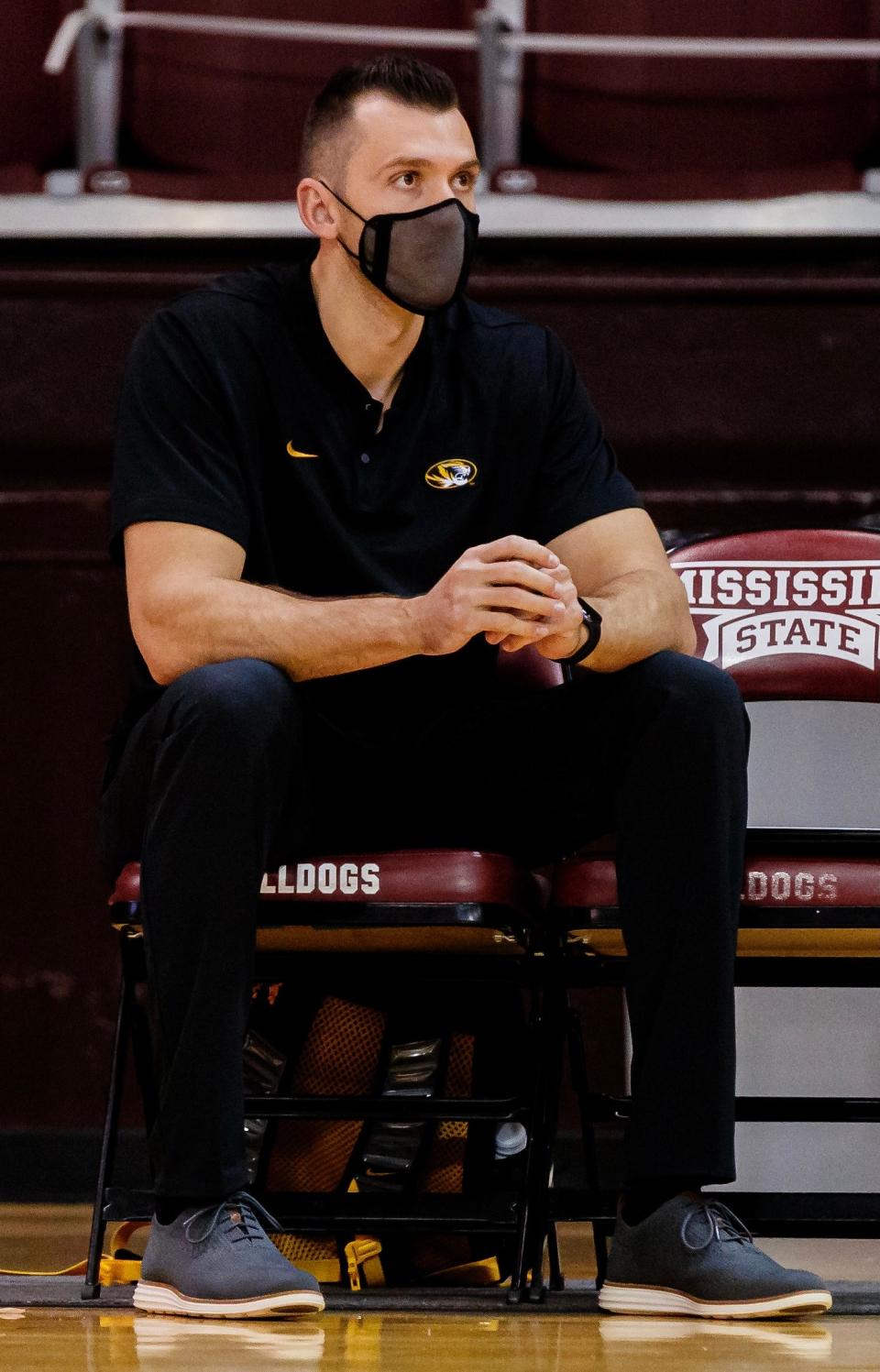 Missouri coach Joshua Taylor watches during a match against Mississippi State on March 24 at the Newell-Grissom Building in Starkville, Miss.