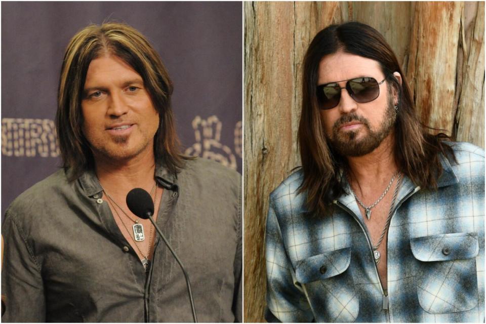 Separate photos of a younger Billy Ray Cyrus behind a mic and an older Cyrus posing in sunglasses and plaid