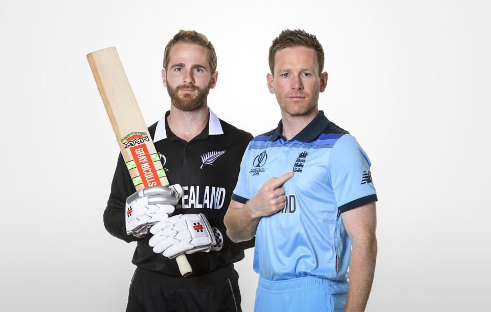 Kane Williamson of New Zealand and Eoin Morgan of England prior to the ICC Cricket World Cup Final at Lord's
