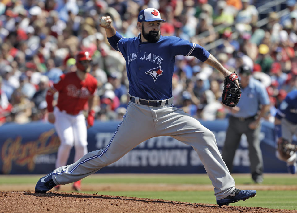 Toronto Blue Jays pitcher Matt Shoemaker delivers to the Philadelphia Phillies during the second inning of a spring training baseball game Saturday, March 9, 2019, in Clearwater, Fla. (Chris O’Meara/AP)