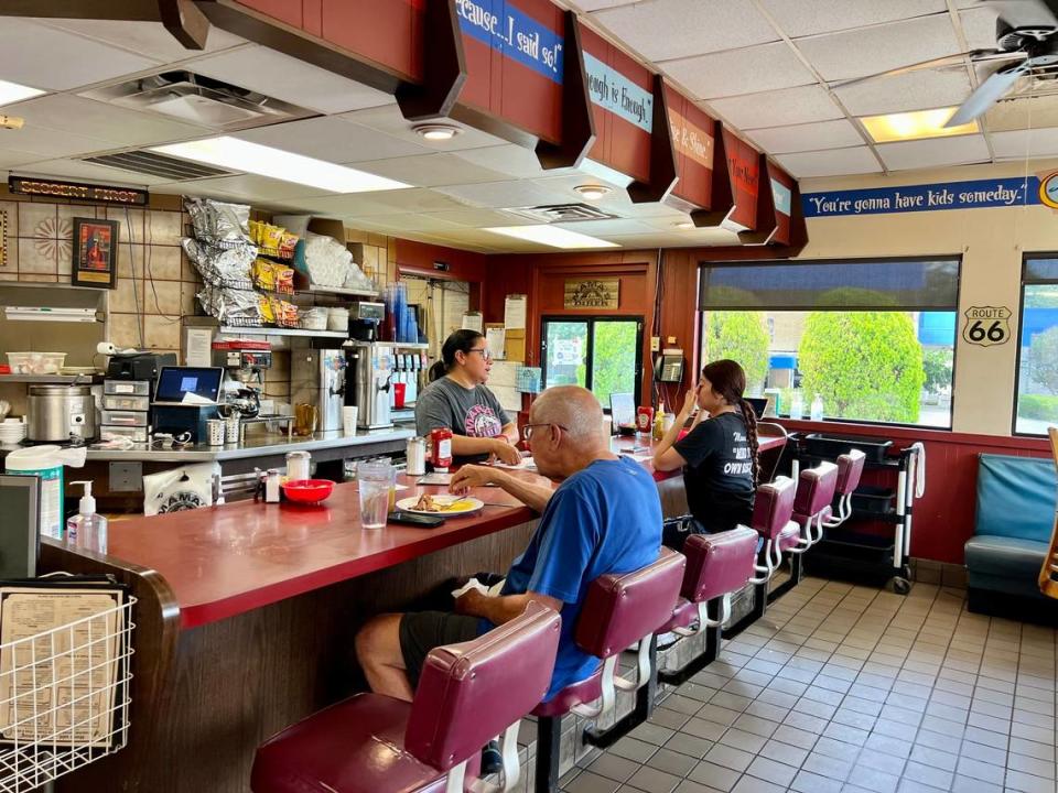 The traditional counter at Mama’s Daughters’ Diner in Irving.