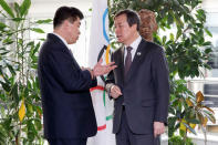 North Korea's Olympic Committee President and Minister of Physical Culture and Sports Kim Il Guk, and South Korean Sports Minister Do Jong-hwan speak prior a meeting with the IOC for their bid to co-host the 2032 Summer Olympics, at the IOC Headquarters in Lausanne, Switzerland, Friday, February 15, 2019. Salvatore Di Nolfi/Pool via REUTERS