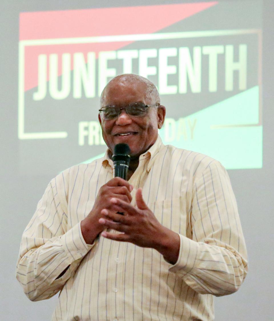 Syl Woolford describes the history of Blacks during the Civil War during a Hockessin Historical Society event on the day Juneteenth became a federal holiday, Thursday, June 17, 2021.