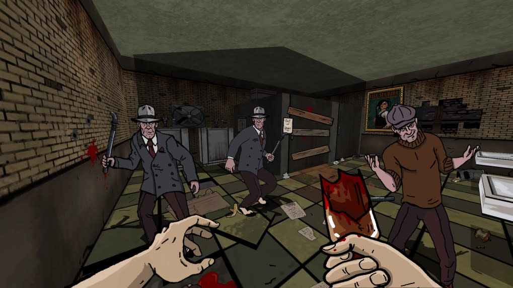  First-person view showing our character holding a broken glass bottle against three enemies,. 