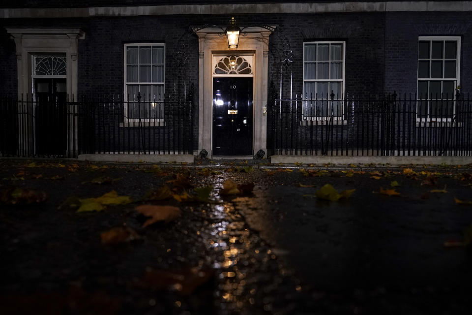 FILE - 10 Downing Street, in London, Oct. 23, 2022. Boris Johnson’s bluster couldn’t hide the facts: He didn’t have the votes to win the Conservative Party leadership contest and stage a political comeback just weeks after being forced out as prime minister. (AP Photo/Alberto Pezzali, File)
