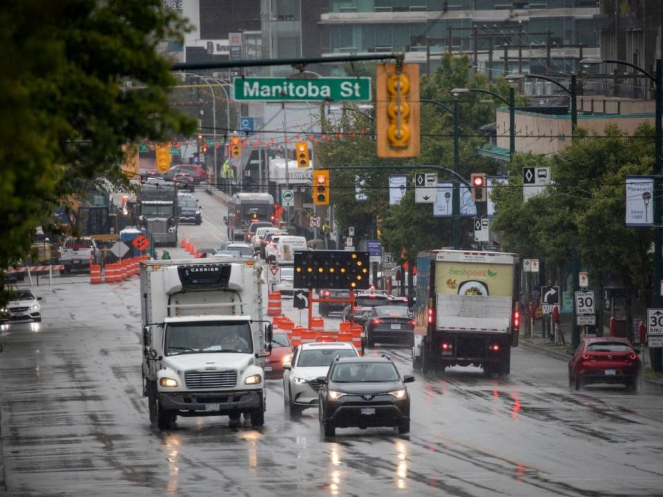 Construction of the Millennium Line extension is pictured along Broadway in Vancouver on Thursday. (Ben Nelms/CBC - image credit)