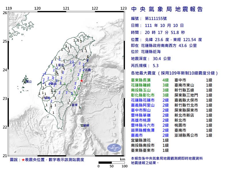 凌晨3時24分台灣東部海域發生規模5.9有感地震。（圖／中央氣象局)