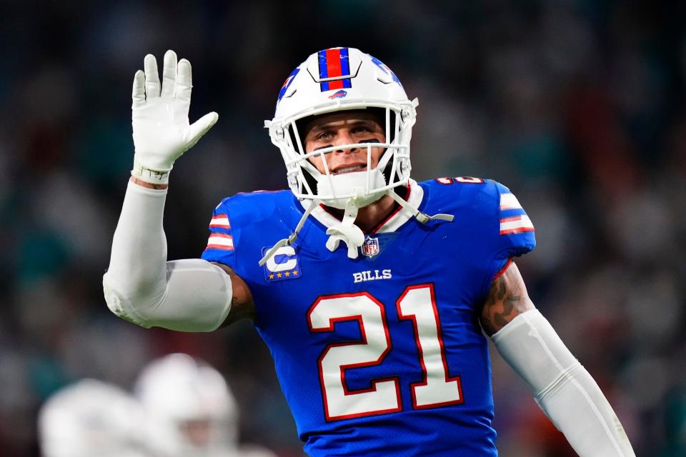 MIAMI GARDENS, FLORIDA - JANUARY 07: Jordan Poyer #21 of the Buffalo Bills reacts after a 21-14 victory against the Miami Dolphins at Hard Rock Stadium on January 07, 2024 in Miami Gardens, Florida. (Photo by Rich Storry/Getty Images)