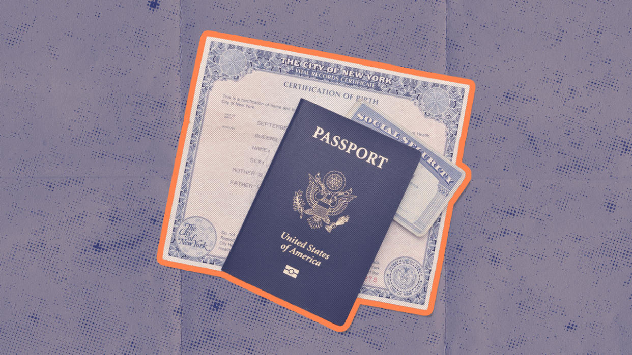 Birth certificate in a pile underneath a passport and a social security card