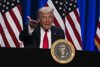 President Donald Trump speaks during a Latinos for Trump event at Trump National Doral Miami resort, Friday, Sept. 25, 2020, in Doral, Fla. (AP Photo/Evan Vucci)