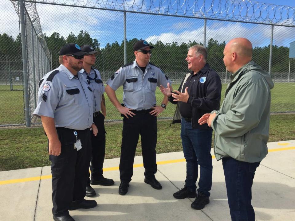 Florida Department of Corrections Secretary Mark Inch is shown speaking with corrections officers during a prison visit in 2019.