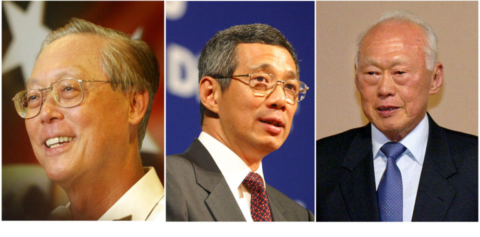 Combination picture shows from left to right., Goh Chok Tong, Lee Hsien Loong, and Lee Kuan Yew  in these undated mugs in Singapore. Lee Hsien Loong, Singapore's prime minister-designate, Aug 10, 2004  appointed a new government where his 80-year-old father, founding prime minister Lee Kuan Yew, stays in the Cabinet with a new title of "minister mentor" while outgoing prime minister Goh Chok Tong will take his place as senior minister, the number two position of power, while also heading the central bank. (AP Photo/Wong Maye-e)