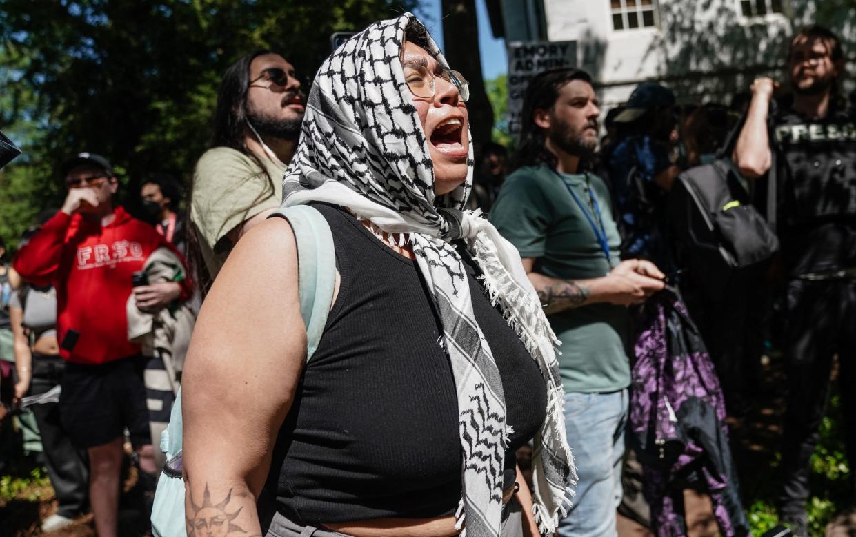 Students chant during a protest against the war in Gaza at Emory University in Atlanta, Georgia, on Thursday