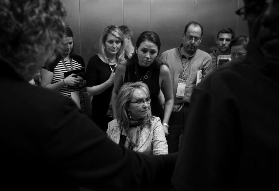 <p>Rep. Gabby Giffords is seen in an elevator Tuesday, July 26, 2016, in Philadelphia, PA. (Photo: Khue Bui for Yahoo News) </p>