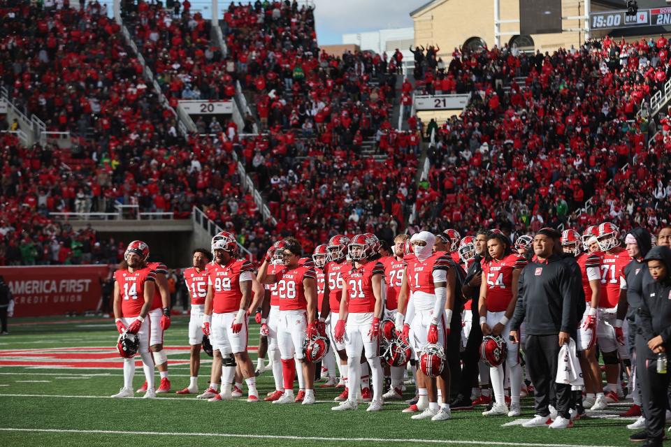 Utes honor Ty Jordan and Aaron Lowe in Salt Lake City on Saturday, Oct. 28, 2023. Oregon won 35-6. | Jeffrey D. Allred, Deseret News