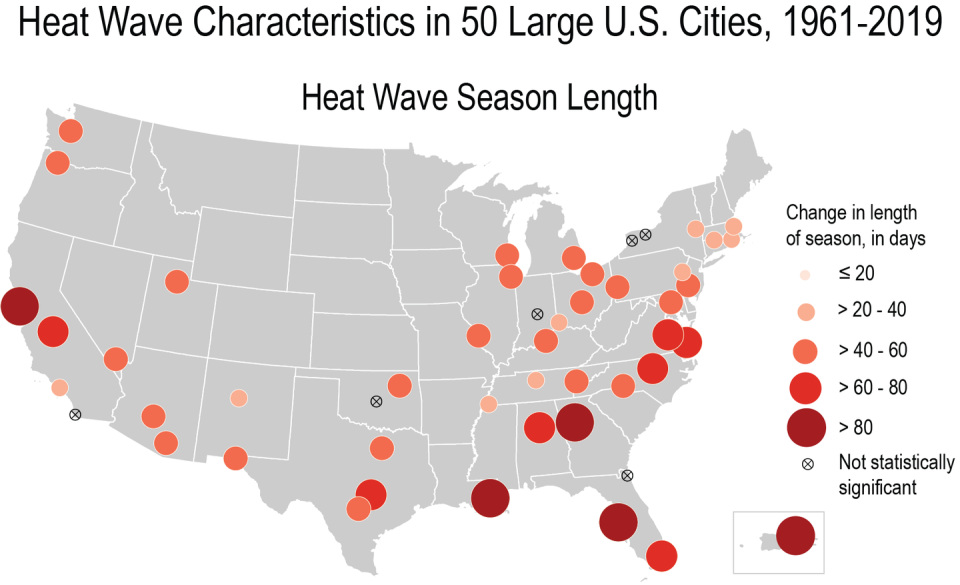 Map showing cities in the Southeast in particular will see the longest heat seasons