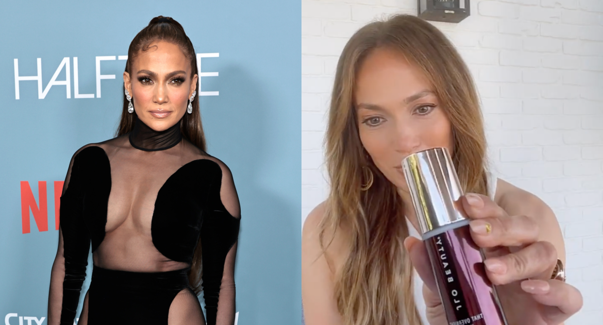 Jennifer Lopez, jennifer lopez in black cut-out dress on blue red carpet, split screen of jennifer lopez holding JLo Beauty That Overnight Hustle AHA + BHA Resurfacer