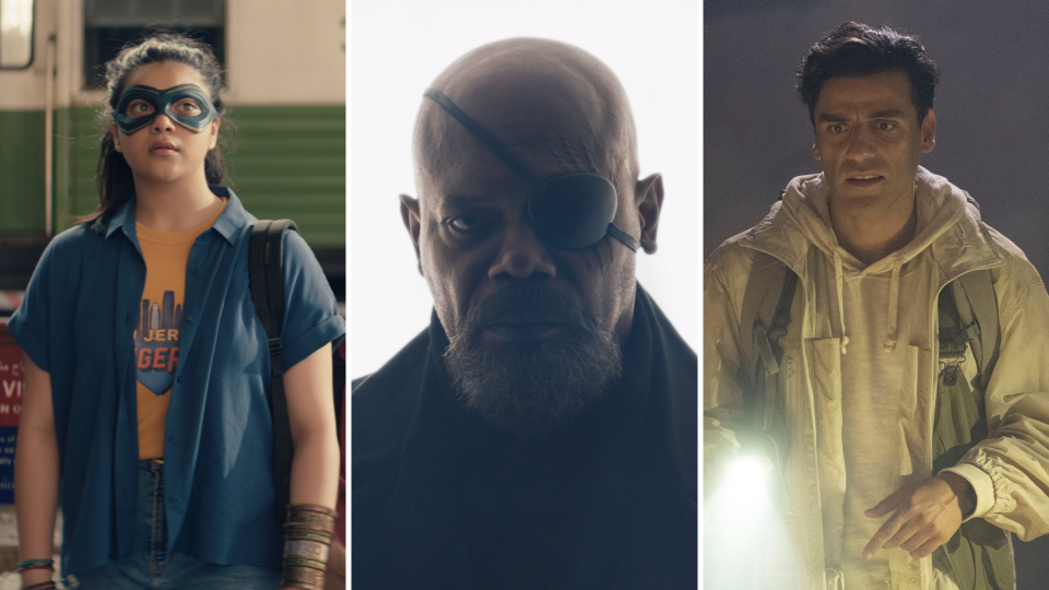 Side-by-side stills of a young woman in a t-shirt and blue mask around her eyes, an adult man in a high-necked coat with a shaved head and eye patch, a man in a white hoodie and jacket holding a flashlight; stills from "Ms. Marvel," "Secret Invasion," and "Moon Knight"