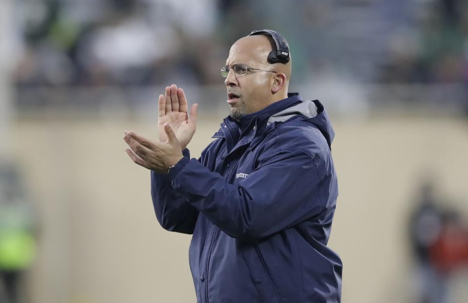 Penn State head coach James Franklin claps during the second half of an NCAA college football game against Michigan State, Saturday, Nov. 4, 2017, in East Lansing, Mich. (AP Photo/Carlos Osorio)